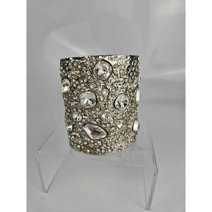 Wide Silver Tone Pavé Rhinestone Statement Cuff Bracelet